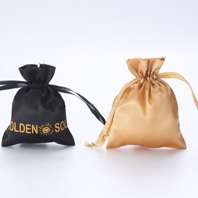 China Exquisite Black Satin Logo Fashion Custom Jewelry Pouch Promotion Workmanship Gold Drawstring Bags for sale