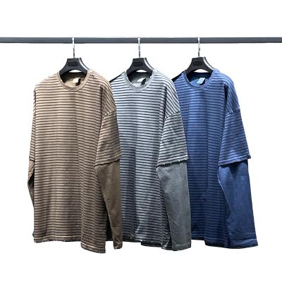 China Anti-Wrinkle EXROTOY Cotton Distressed Stripes Solid Color Faux Washed Waxed Sharpening Wholesale Custom Retro Long Sleeve Two Piece T-Shirt for sale