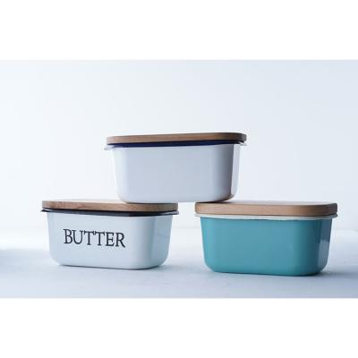 China Good Quality Carbon Steel Enamel Sustainable Promotional Colorful Dinnerware Multiple Sizes Available Butter Dish With Wooden Lid for sale