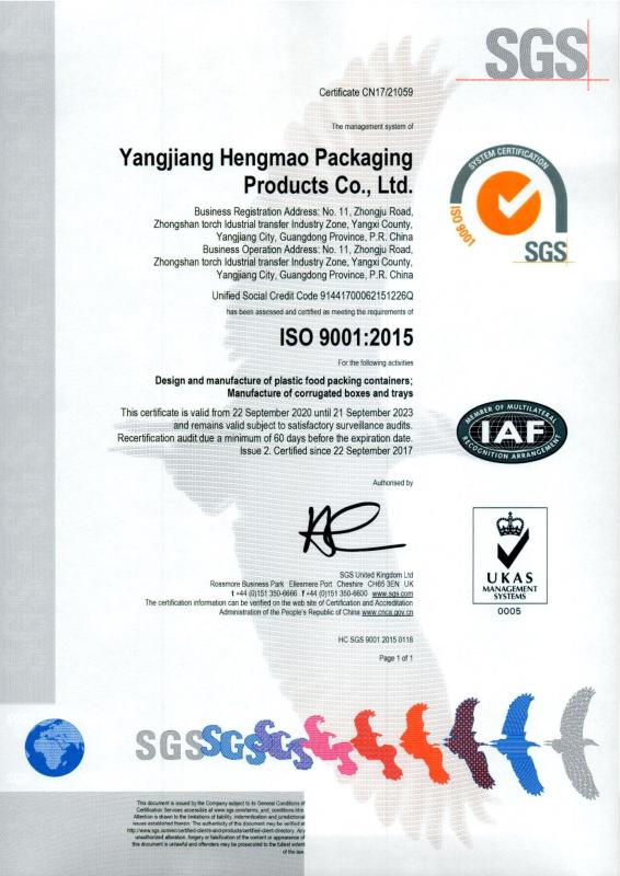 ISO9001 - Yangjiang Hengmao Packaging Products Co., Ltd.