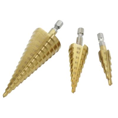 China HEX Leg 3Pcs High Speed ​​Steel Aluminum Step Drill Bits Set Titanium Coated Alloy Iron Sheet Aluminum Plate Hole Drilling for sale