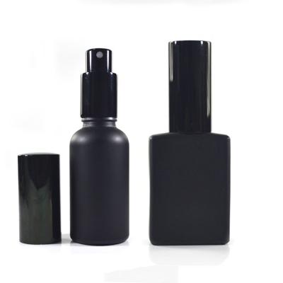 China 30ml Personal Care Perfume Bottle 50ml 100ml Rectangle Black Perfume Glass Spray Bottle Beard Oil Private Label Black Perfume Bottle for sale