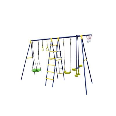 China Strong swing pose multifunctional metal swing seasaw set for outdoor with climbing saucer swing rope, climbing ladder and basketball net for sale