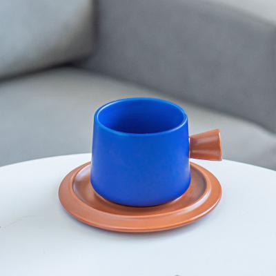 China 320ml Volume Porcelain Tea Mug Ceramic Coffee Cup And Saucer Set Klein Blue Cups for sale