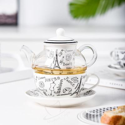 China Taza de té de cerámica con filtro y tetera de vidrio europea sostenible para una persona Teekanne Set en venta