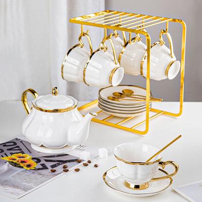 China Porcelain Tea Set For Ramadan Gift Sustainable Tea Cup Teapot Saucers And Plates Gold rimmed cups for sale