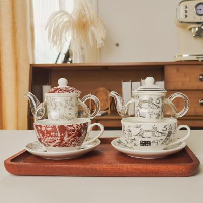 China Drinkware Type Coffee Tea Sets Glass Ceramic Teapot Set With Cup Saucer Plate for sale