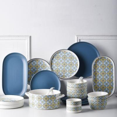 China Light Blue Bohemia Ceramic Dinnerware Set Porcelain Kitchen Tabletop Stoneware Dinner Set Turkish for sale