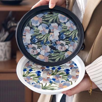 China Hand Painted Round Vintage Dessert Plate Ceramic Deep Plate With Black Flower Design for sale