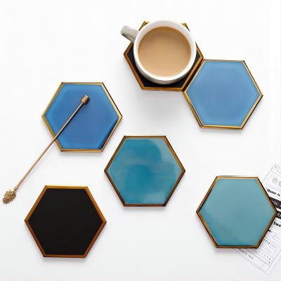 China Luxury Custom Ceramic Coasters Hexagon Glass Wine Cup Pad Gold Rim Mat Waterproof Heat Insulated for sale