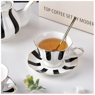 China Europe Design Ceramic Porcelain Tea Cup And Saucer Set 180ml Gold Line Gold Rim Mug Spoon for sale