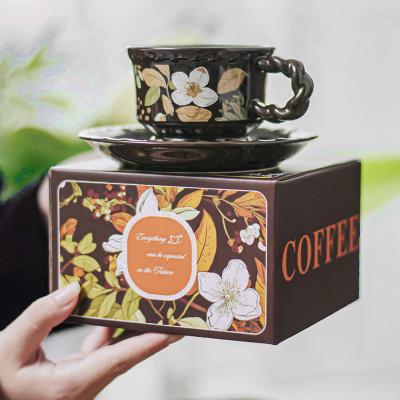 China Eco Friendly Drinkware Ceramic Tea Cup Set Gift Box With Brown Porcelain Flower Design for sale