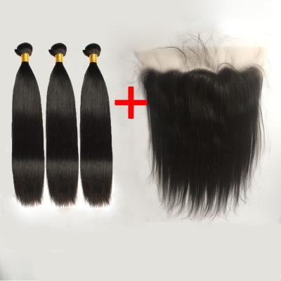 China New High Definition Silky Straight 13x4 Swiss Lace Ear To Ear Brazilian 3 Bundles And Lace Frontal Lace Closure HD Remy Straight Human Hair for sale