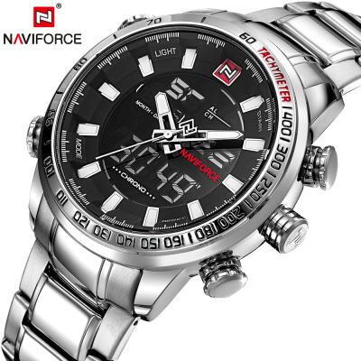 China NAVIFORCE Chronograph Mens Sport Male Clock Watches Gold Wrist Watch Military Steel Waterproof Display Dual Quartz Relogio Masculino 9093 for sale