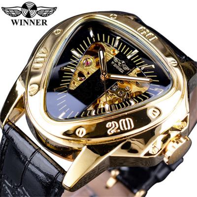 China New Water Resistant WINNER GMT996 Triangle Selling Gold Skeleton Leather Watch For Mens Automatic Mechanical Sports Mens Watches For Friend for sale