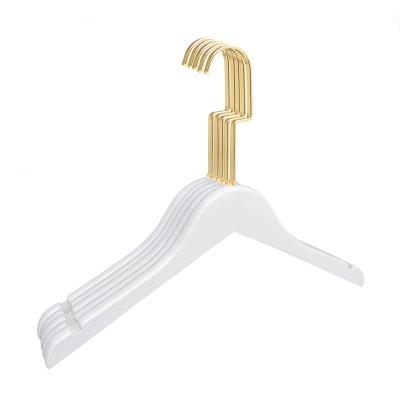 China Contemporary promotional supermarket hanger white wooden clothes coat hanger with chrome hook for wholesale for sale