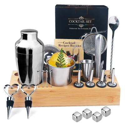 China New arrival wholesale price 304 steel cocktail shaker set food grade steel teksture bartender kit set with stand for sale