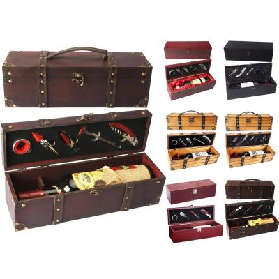 China Viable Premium Antique Red Wine Bottle Wooden Box Wine Box Gift Set With PU Leather Wine Box Bottle Opener for sale