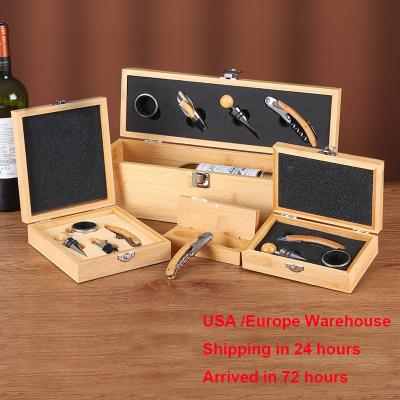 China Eco-friendly Promotional Wholesale Bamboo Wine Box Set Gift Porcelain OEM Wine Accessory Wine Corkscrew Wooden Box Set 5 Pieces for sale