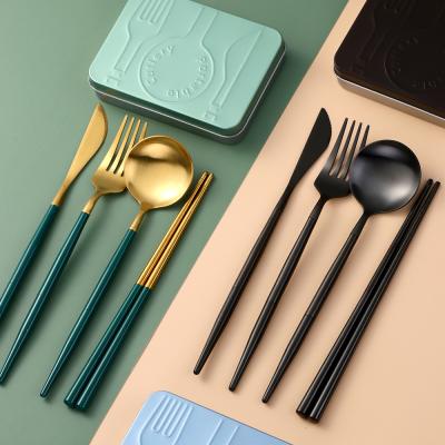 China Assemblable Sustainable Camping Flatware Set Gold Stainless Steel Cutlery Travel Set With Nice Case for sale