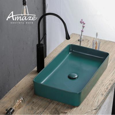 China Modern Stunning Ceramic Square Countertop Art Wash Basin Green Color Rectangular Shape Bathroom Sink for sale