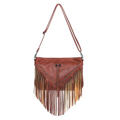 China Vintage Bohemia PU Vegan PU Leather Tassel Fringe Flap Bag Vintage Women Fashion Casual Handbags Soft Style Cross - Body Shoulder Purse for sale