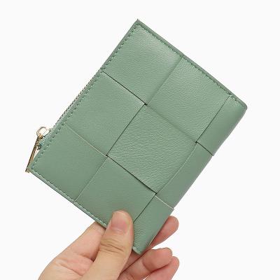 China Functional Bifold Bags Money Small Female Chic Multi Coin Wallet/Purse Card Holders Grabs Women Leather Zipper Woven Short Wallets for sale