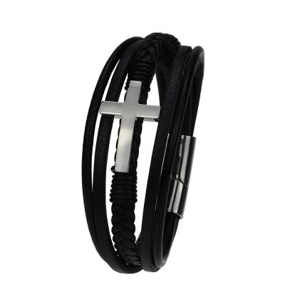 China Men's Retro Casual/Sporty Cast Gold Bangle Stainless Steel Cross Rope Plated Smooth Leather Bracelet for sale