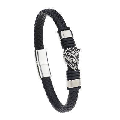 China Casual / Sporty Leather Hand - Woven Tiger Head Men's Bracelet Trend Retro Stainless Steel Bracelet for sale