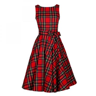 China Washable Blended Fabric And Cotton One Piece Plaid Dresses Women Casual Red Sleeveless Dress Outwear 63627 for sale