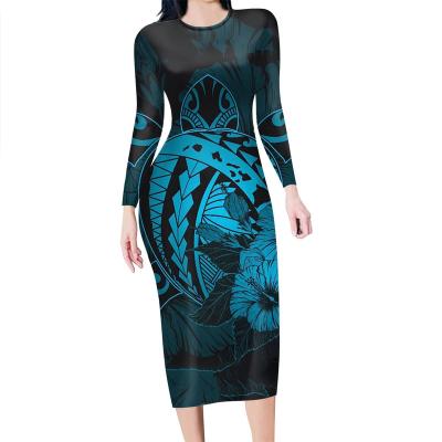 China 2021 Anti-Static Hawaiian Samoan Polynesian Tribal Designs Print Plus Size Clothes For Women Sexy Bodycon Long Sleeve Dresses For Holidays for sale