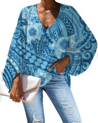 China New Arrivals Sky Blue Floral Print Blouse Long Sleeve Chiffon Polynesian Tribal Women Shirts Anti-Pilling Tops Blouses Shirt Sexy for sale