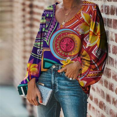 China Custom Women's Fall Chiffon Tops Anti-pilling Low Price Polynesian Samoa Plumeria Print Style Girls Traditional Tribal Soft Chiffon Blouses for sale