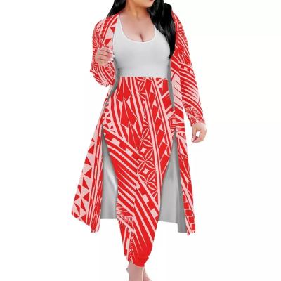 China Custom Made 2 Piece Red Polynesian Tribal Floral Print Viable Costume Ladies Plus Size Kimono Coat Pants for sale