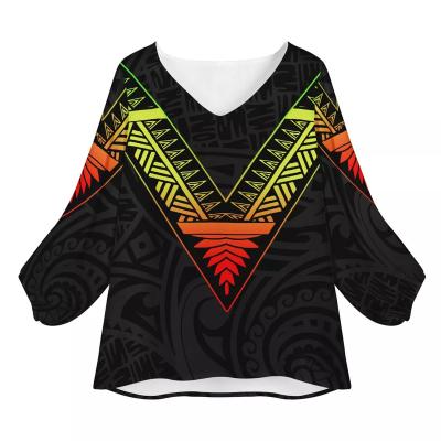 China Anti-Wrinkle Women Clothes Dropshipping Loose Chiffon Tee Print Long Sleeve Polynesian Tribal V-Neck Casual Shirt Loose Top for sale