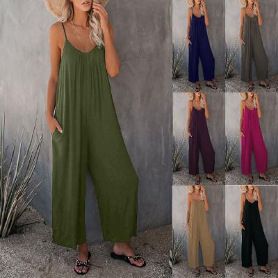 China 2022 Summer New Solid Color Border Pocket Casual Overalls European and American Amazon Women Viable Suspender Overalls for sale