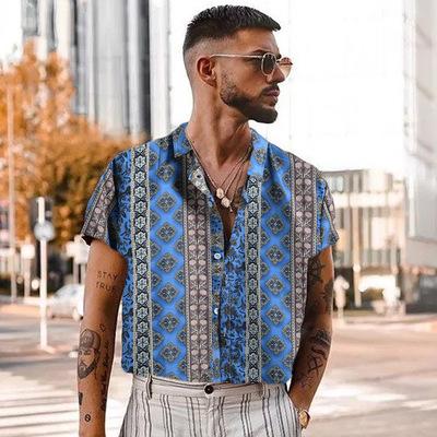 China 2021 New Wish Print Lapel Striped Shirt QUICK DRY Casual Plus Size Shirt Top Men's Short Sleeve Shirt for sale