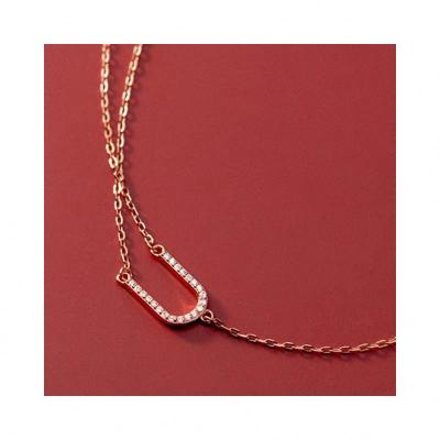 China D8966 Korean Style 925 Lead Free Nickel Free Sterling Silver Double Layer Zircon U Stone Shape Clavicle Chain Necklace 18K Gold Plated For Women for sale