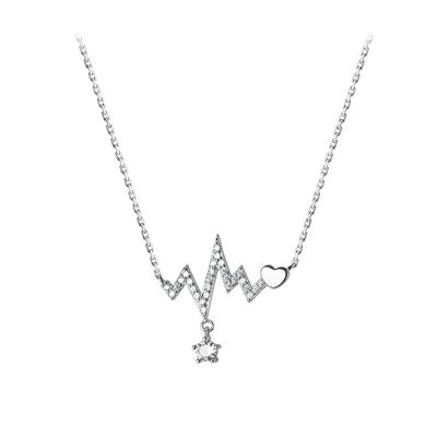 China Hits D5390 Nickel Free For Amazon Hip Hop Jewelry Silver Wave Heartbeat Chain Ecg Female Popular Drill Clavicle Necklace for sale