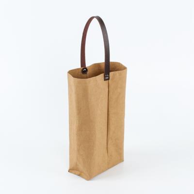 China Eco - Friendly Promotional Factory Customize Recyclable Washable Brown Two Kraft Craft Paper Wine Bag for sale