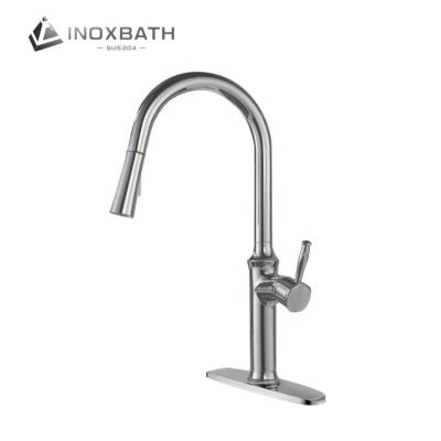 China Factory Price Modern Single Handle Brushed Chrome Filigree Basin Sink With Pull Down High Sprayer Arc Kitchen Faucet for sale