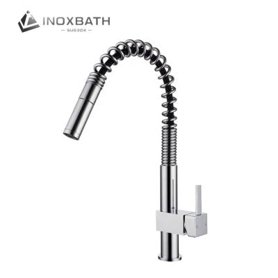 China Modern Hot Selling CUPC Brushed Chrome Single Lever Pull Down Sprayer 304 Stainless Steel Long Neck Kitchen Faucet for sale