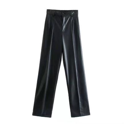 China Anti-Wrinkle Spring PU Leather Pants Solid Color Pants Women Black Faux Straight Long Trousers Loose for sale