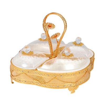 China Sustainable Luxury Metal Gold Vintage Fruit Dish Acrylic Bowl Candy Box Fruit Dry Food Serving Tray With Lid for sale