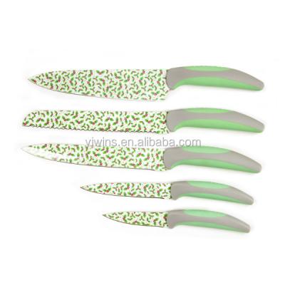 China Low MOQ Sustainable Multi Purpose Stainless Steel Kitchen Knife Set With Flower Printed Blade for sale