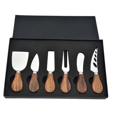 China Stocked Stainless Steel Cheese Knife Set Acacia Handle Cheese Knives Spatula And Fork for sale