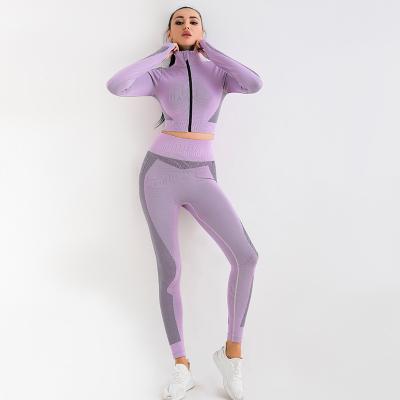 China 2pcs Breathable Sports Set Women Gym Fitness Sport Sets Gym Yoga Leggings Zipper Jacket Seamless Womens Overalls for sale