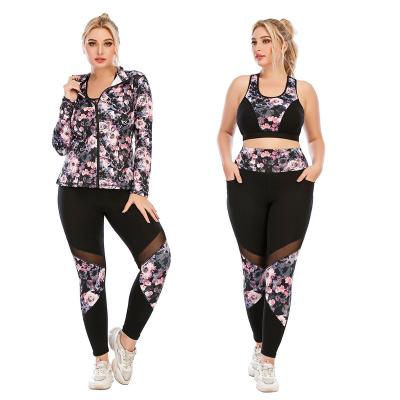 China Breathable Plus Size Jogger Sets Yoga Jackets Fitness Bra Pants Sexy Floral Printed 3 Pieces Yoga Set Women Yoga Set Sports Gym for sale