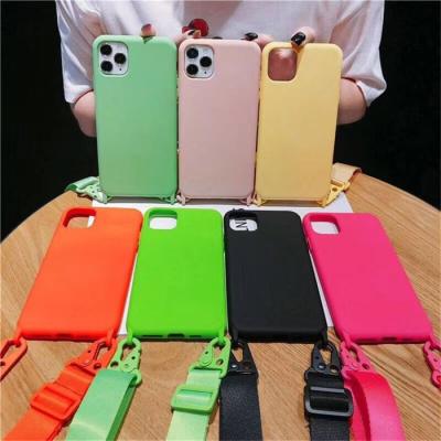 China Hot Selling Shockproof Candy Color Liquid Silicone Phone Case With Necklace Lanyard For iPhone 13 pro 12 11 6 7 8 X XR XS for sale