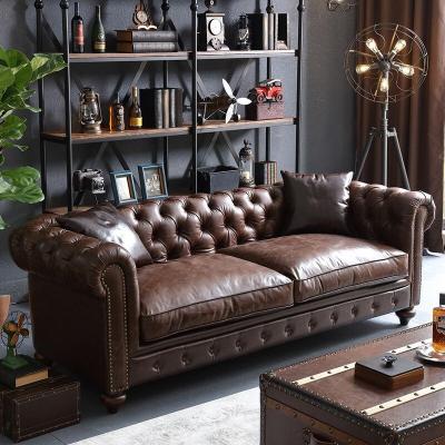 China Modular European Living Room Furniture Vintage Brown Grain Chesterfield Sofa Set Leather Sofa for sale